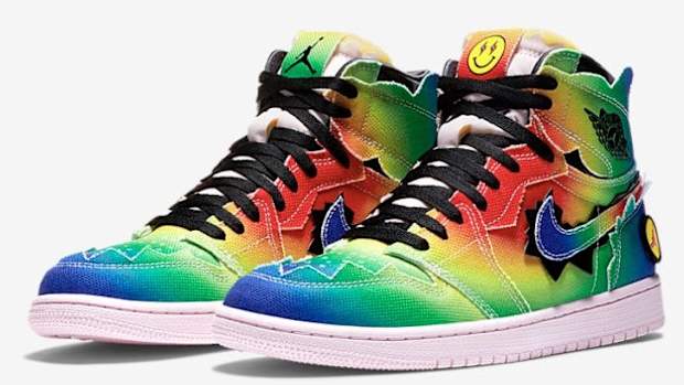 Side view of J Balvin's tie-dyed Air Jordan sneakers.